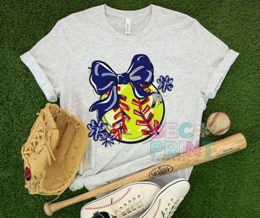 Play Ball Floral Bow - Navy (Softball) - DTF