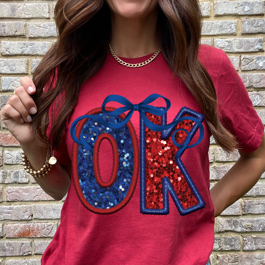 OK (Patriotic Bow State Abbrev. faux embroidered sequins) - DTF