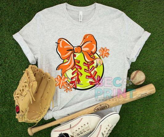 Play Ball Floral Bow - Orange (Softball) - DTF