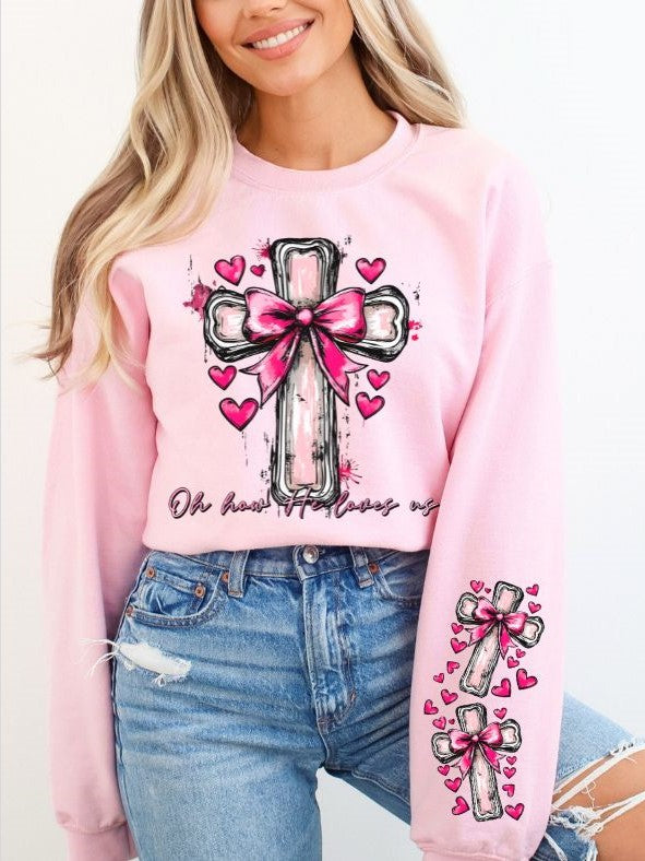 Oh how He loves us (Coquette Cross with sleeve option) - DTF