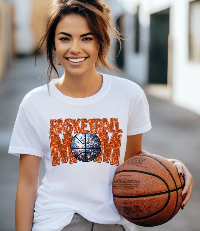 Basketball Mom (ORANGE faux sequin embroidery) - DTF