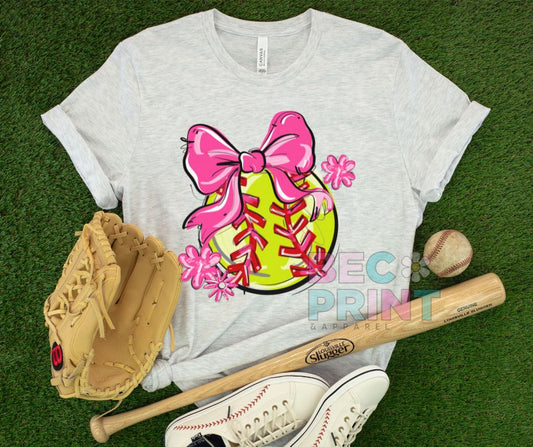 Play Ball Floral Bow - Pink (Softball) - DTF