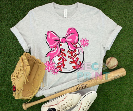 Play Ball Floral Bow - Pink (Baseball) - DTF