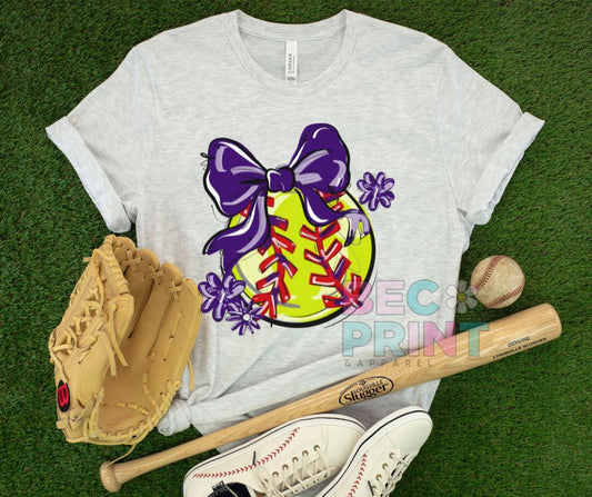 Play Ball Floral Bow - Purple (Softball) - DTF