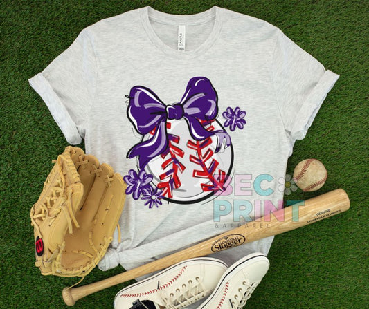 Play Ball Floral Bow - Purple (Baseball) - DTF