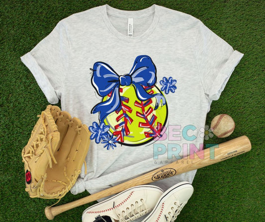 Play Ball Floral Bow - Royal Blue (Softball) - DTF