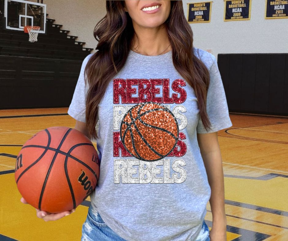 Rebels - Red/White (Stacked Basketball Faux Sequins) - DTF