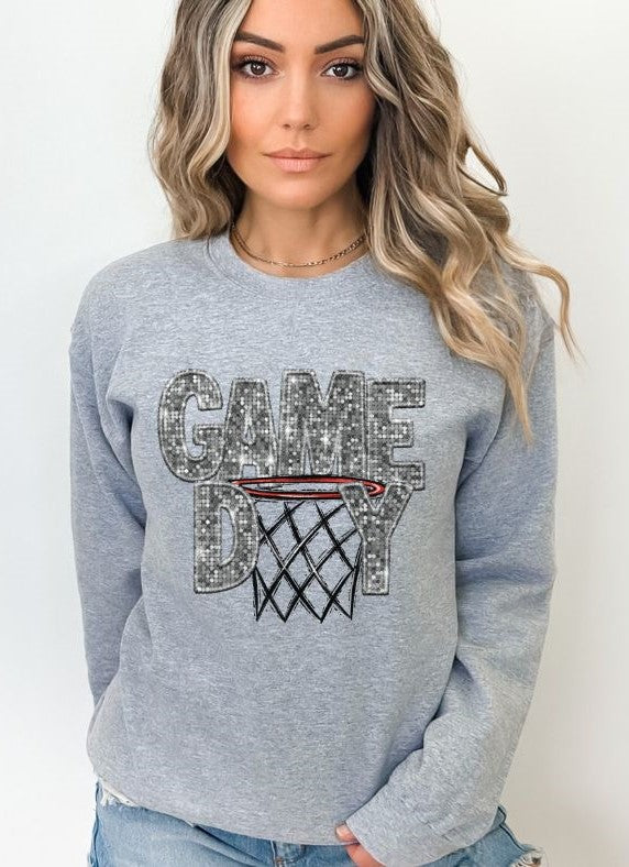 Game Day Basketball (SILVER faux sequin embroidery) - DTF