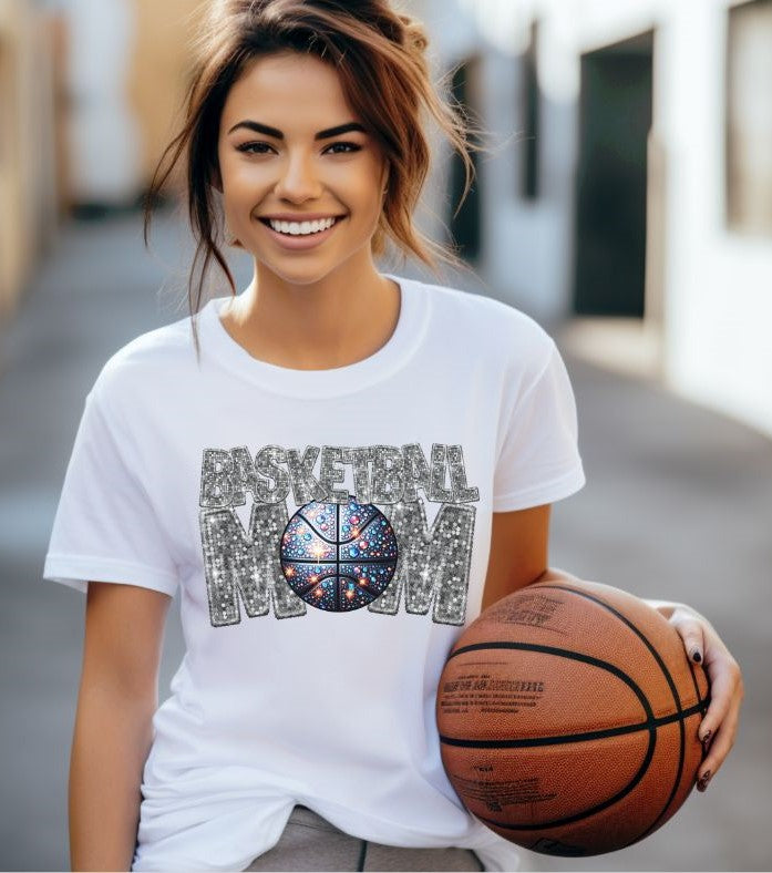 Basketball Mom (SILVER faux sequin embroidery) - DTF