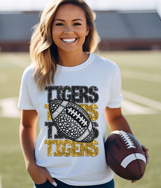 Tigers - Black/Gold (Stacked Bling Football) - DTF