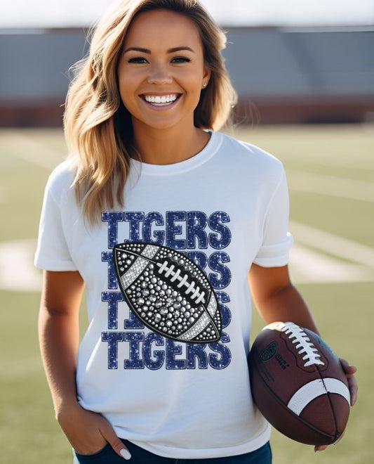 Tigers - Blue (Stacked Bling Football) - DTF