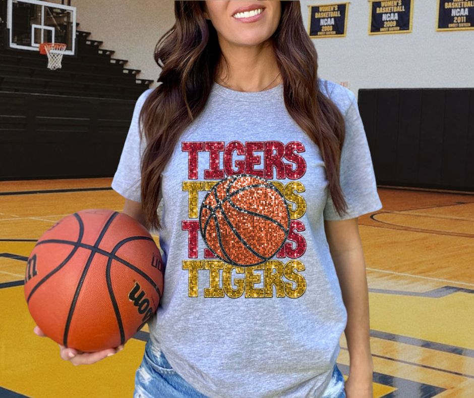 Tigers - Red/Gold (Stacked Basketball Faux Sequins) - DTF