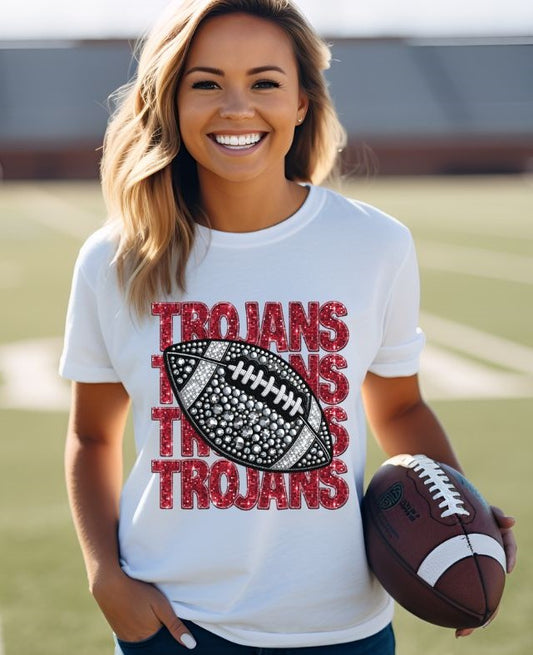 Trojans - Red (Stacked Bling Football) - DTF