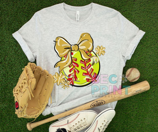 Play Ball Floral Bow - Vegas Gold (Softball) - DTF