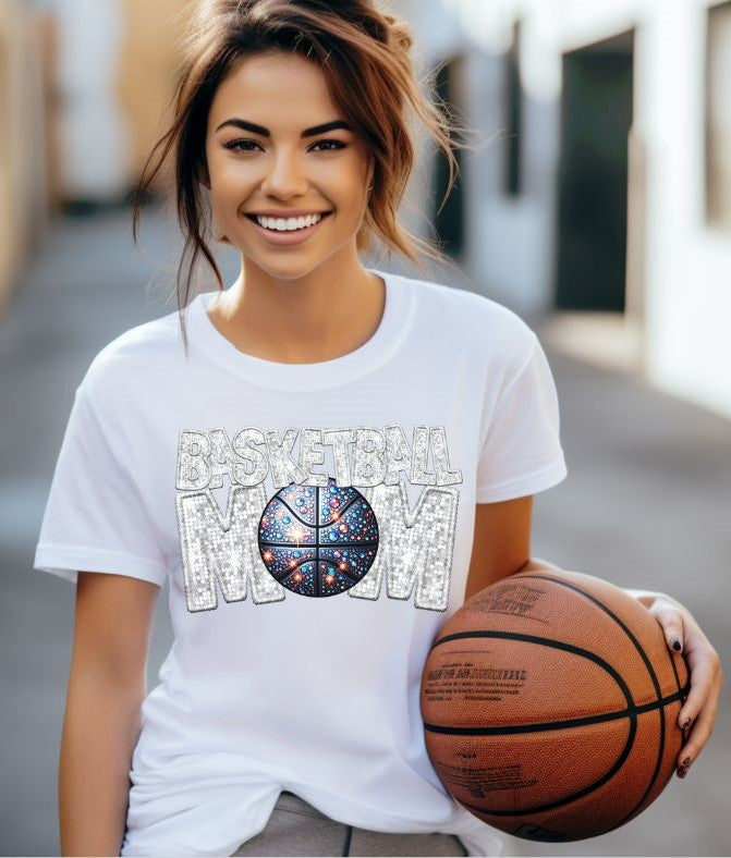 Basketball Mom (WHITE faux sequin embroidery) - DTF