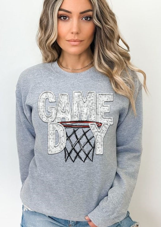 Game Day Basketball (WHITE faux sequin embroidery) - DTF