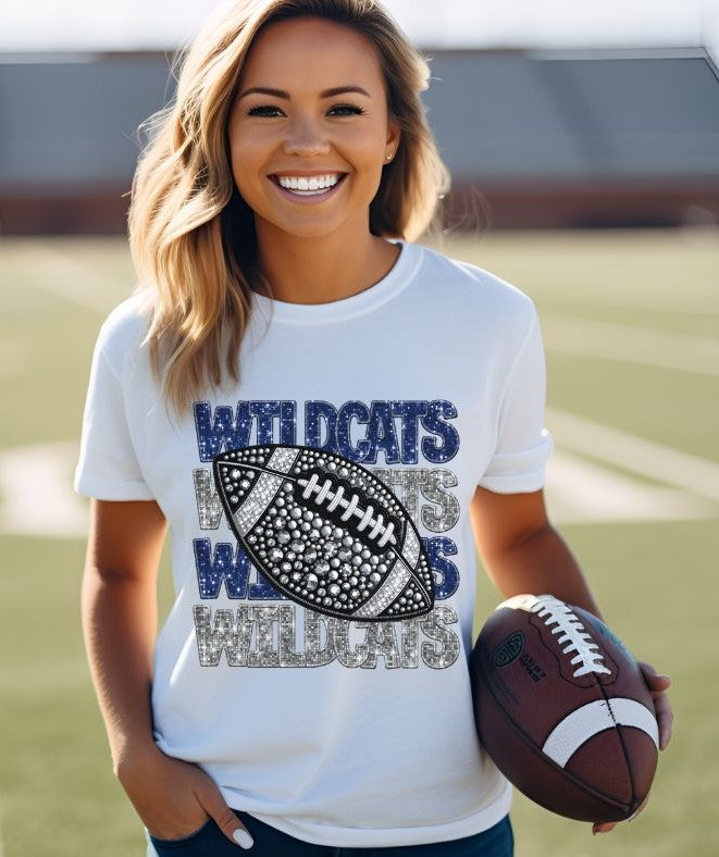 Wildcats - Blue/Silver (Stacked Bling Football) - DTF