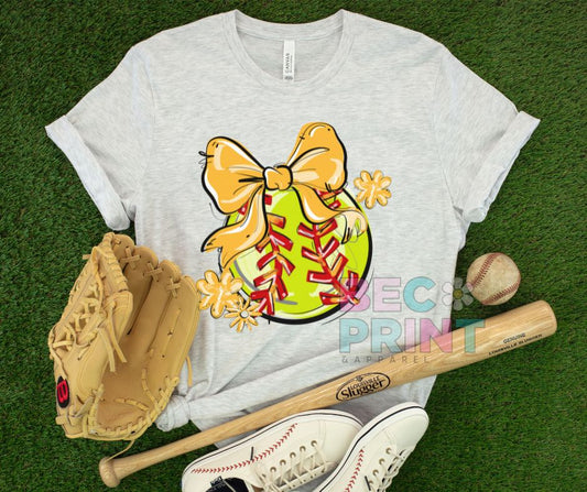 Play Ball Floral Bow - Yellow Gold (Softball) - DTF