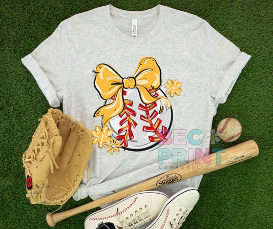 Play Ball Floral Bow - Yellow Gold (Baseball) - DTF